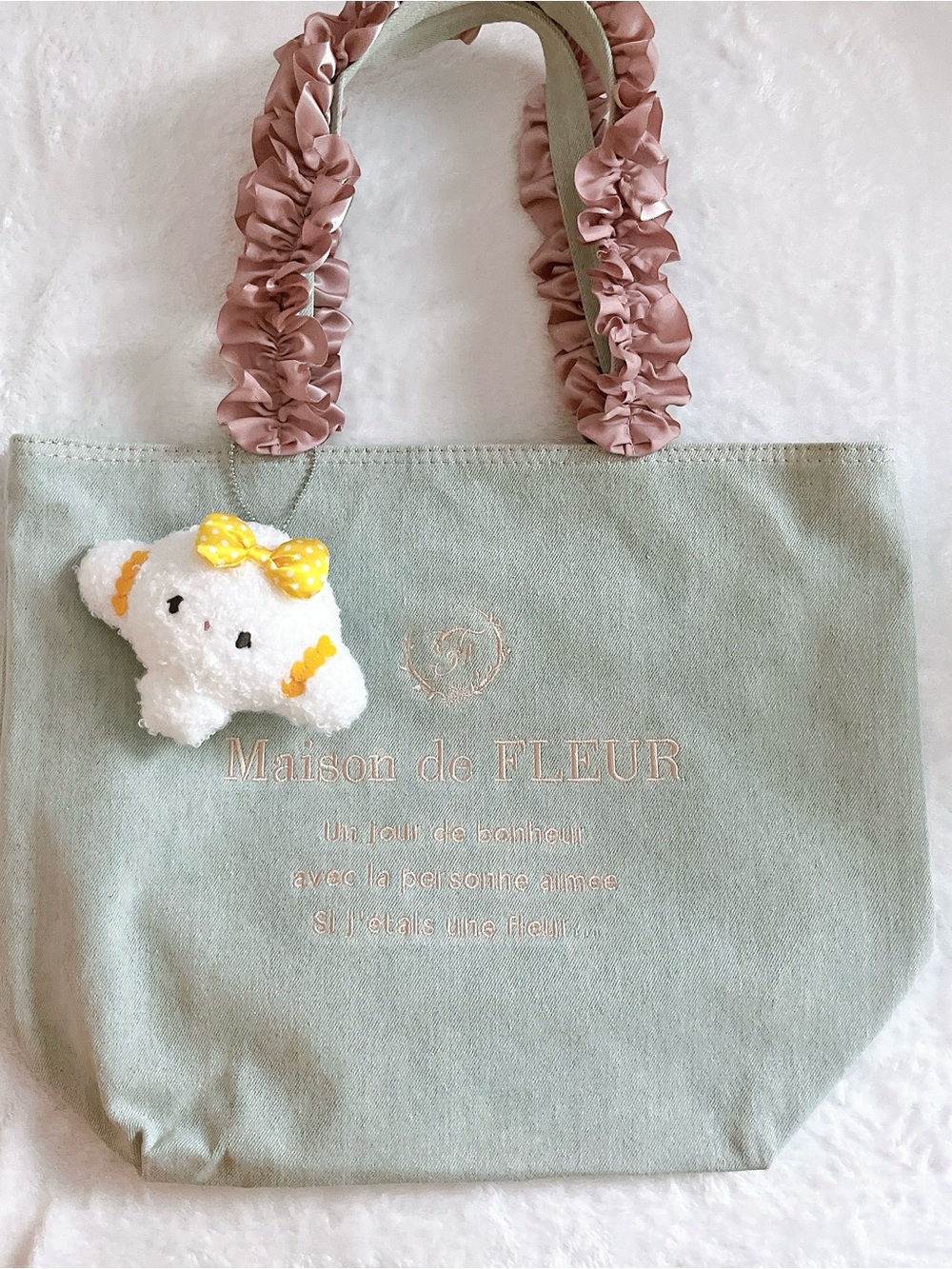 Maison de Fleur Light Blue Denim Pink Ruffle Handle Large Canvas Tote Bag